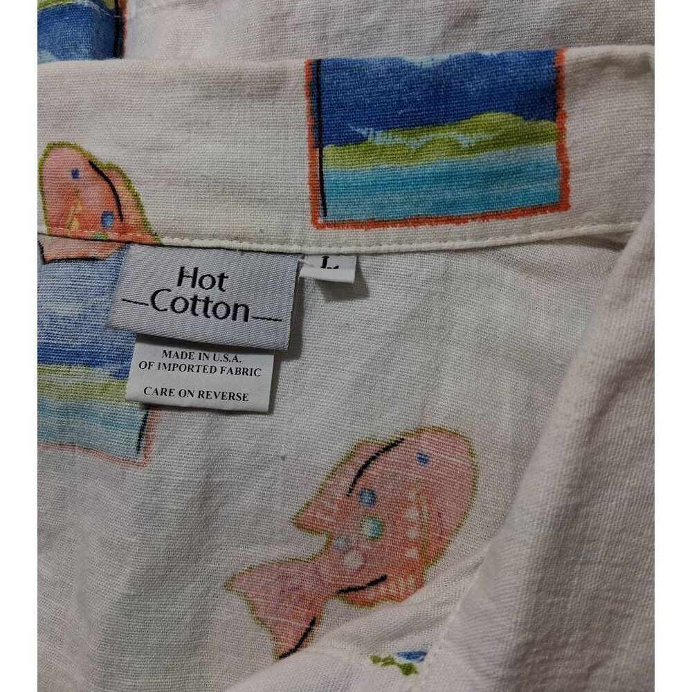 Hot cotton usa womens large linen shirt art wear white green fishes nature top - Picture 3 of 9